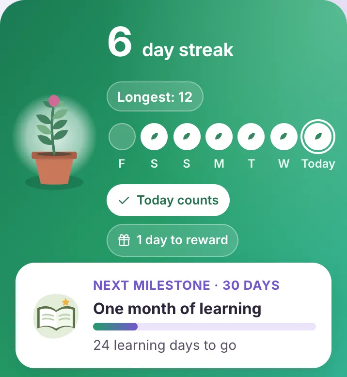 Learner dashboard: a 6-day streak and the next milestone